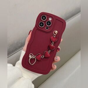 Elegant Burgundy Heart Chain Case for iPhone 16 Pro Max